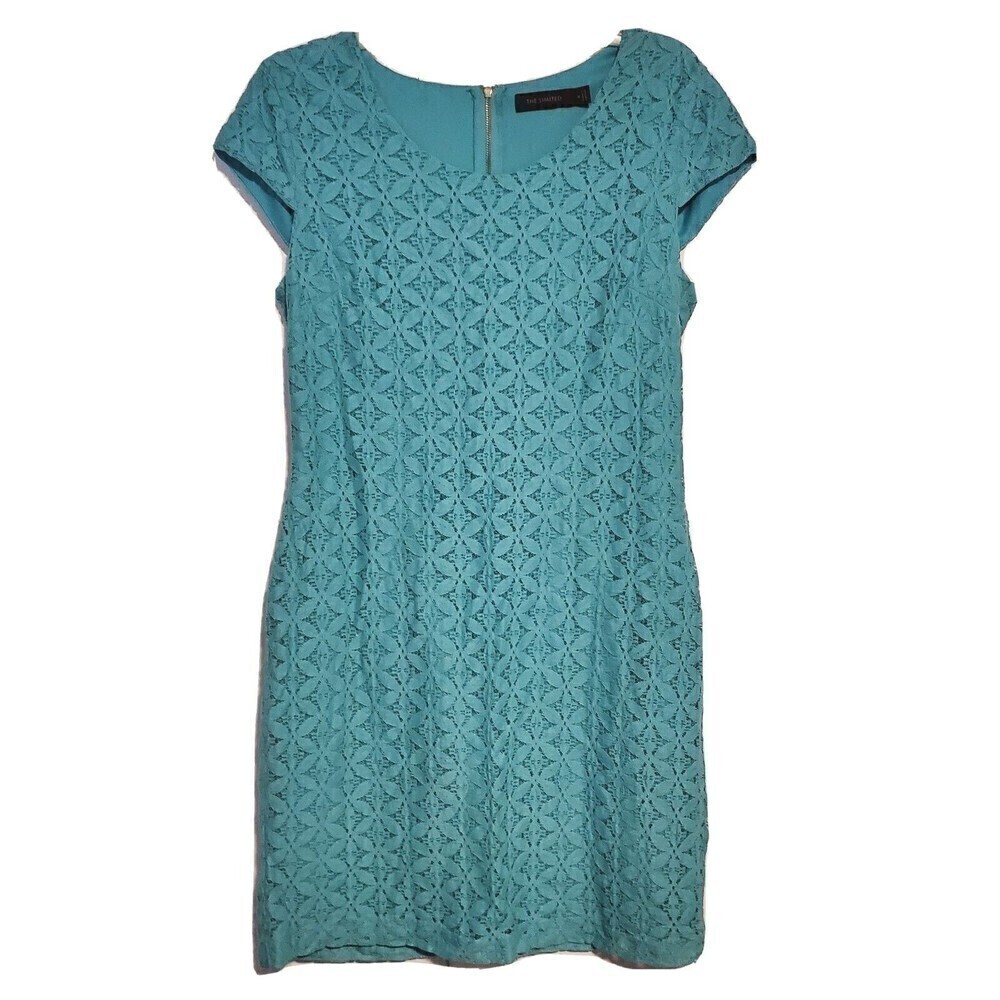 035) The Limited Dress Teal Lace Medium Shift Floral Lined Capsleeve Womens‎
